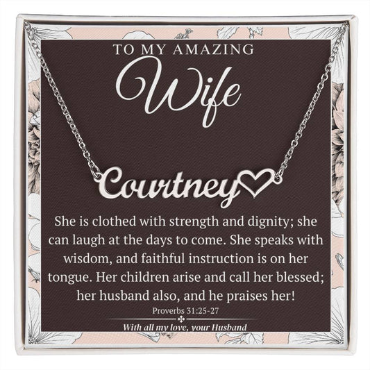 Name Necklace+Heart Character, Clothed In Strength Gift For Wife