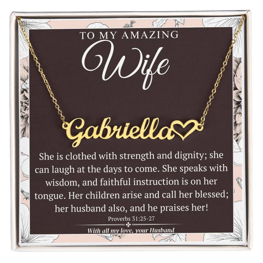 Name Necklace+Heart Character, Clothed In Strength Gift For Wife